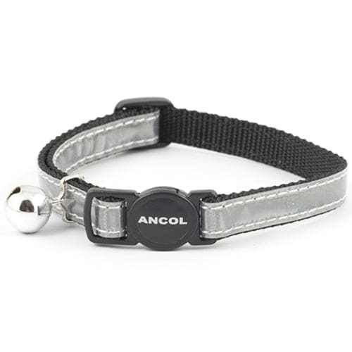Reflective cat collar with safety break-away buckle and bell.