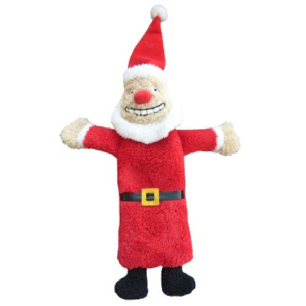 Animate Smiley Santa Dog Toy with crinkle and squeak features for festive pet fun.