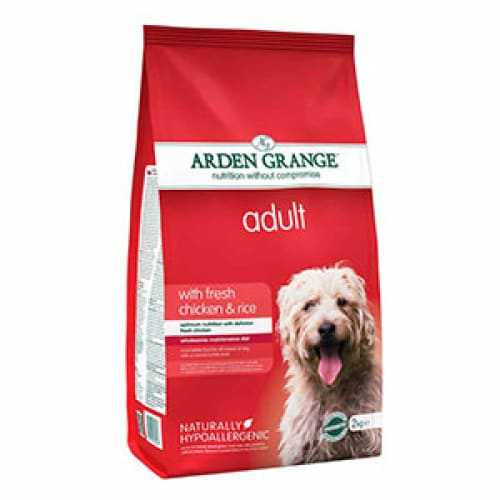 Arden Grange Chicken & Rice Dry Dog Food for adult dogs, red packaging with a dog image.