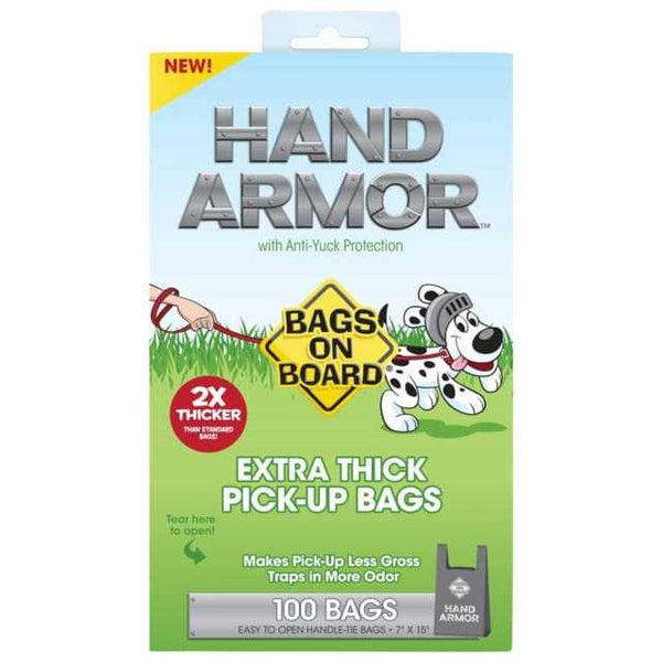 Hand Armor Extra Thick Dog Poo Bags packaging, 100 count, with anti-yuck protection.