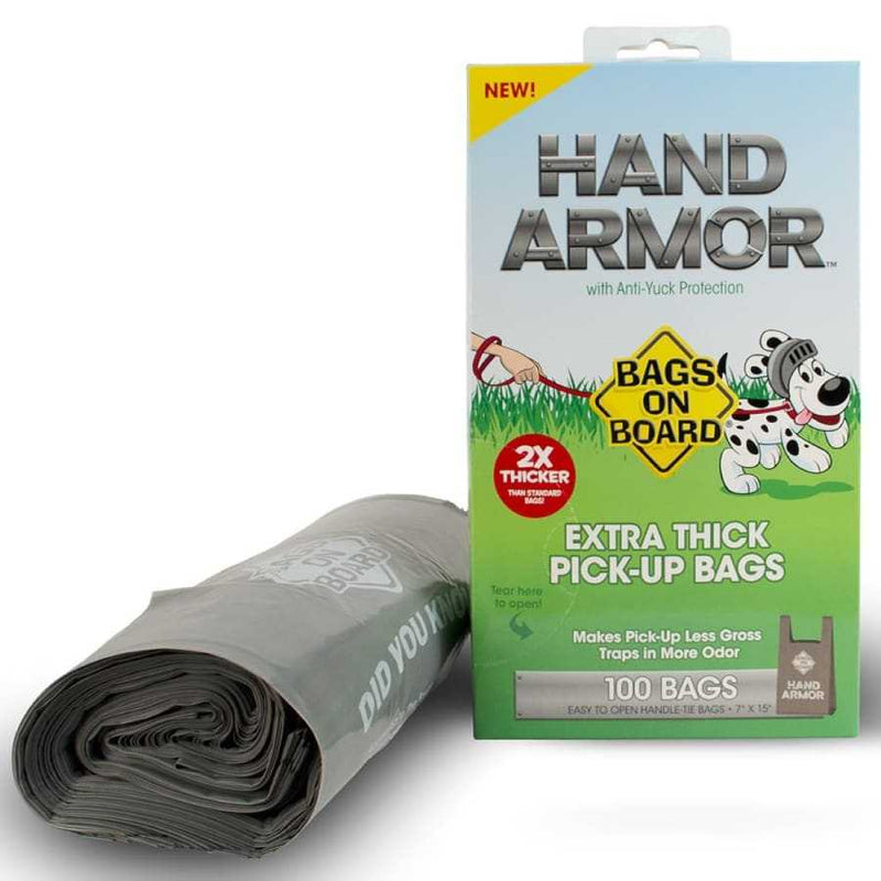 Bag on Board Hand Armor Extra Thick Dog Poo Bags, 100 pack, grey color, sturdy, leak-proof, with anti-yuck protection.