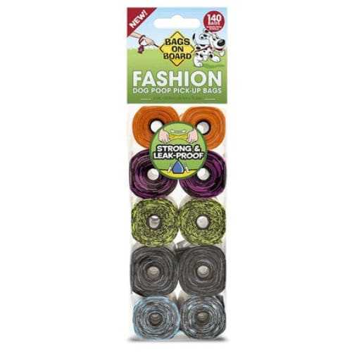Bag on Board Patterned Dog Poo Bags, 140 Pack, strong and leak-proof rolls.