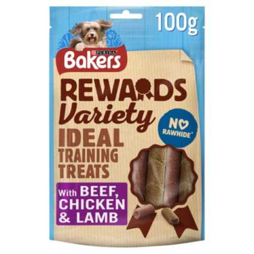 Bakers Rewards Variety Training Treats 100g bag for dogs, beef chicken lamb flavor, promotes healthy coat.