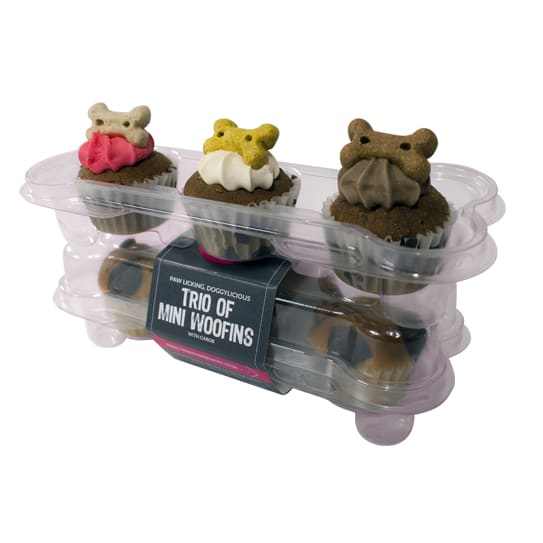 Barking Bakery Trio of Mini Woofins dog treats in clear travel pod, topped with yogurt in vanilla, carob, and pink.