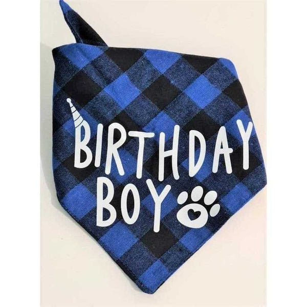 Blue and black checked "Birthday Boy" dog bandana with paw print design.