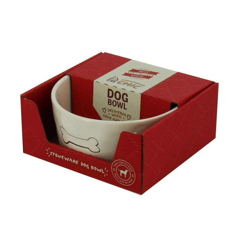 Bone Design Stoneware 15cm Dog Bowl in red packaging.