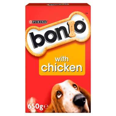 Bonio Chicken Dog Biscuits 650g Box packaging featuring a dog graphic.