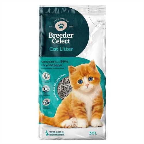 BreederCelect Cat Litter packaging, made from 99% recycled paper, featuring an orange kitten and product benefits icons.