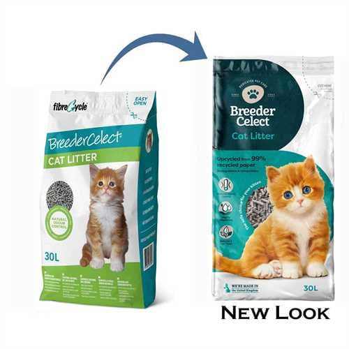 BreederCelect Cat Litter packaging with a new design, featuring a kitten illustration and label highlights such as recycled paper and natural odor control.