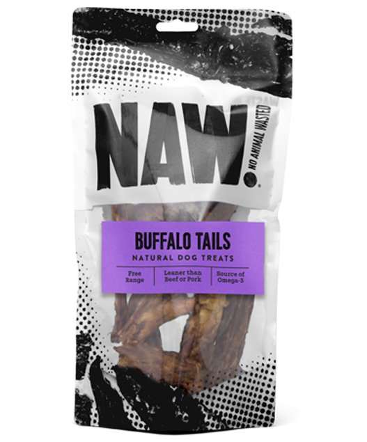 Buffalo Tails Natural Dog Treats 200g Bag, hormone-free, omega-3 rich, resealable.