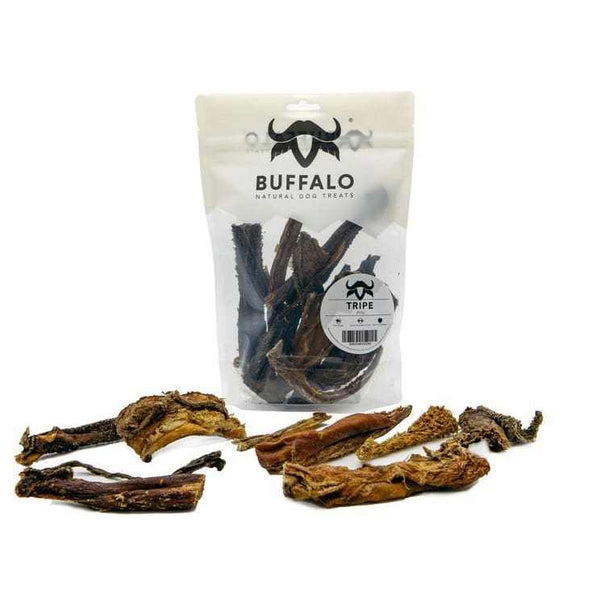 Buffalo Tripe Sticks Natural Dog Treats in resealable bag with loose tripe sticks displayed.
