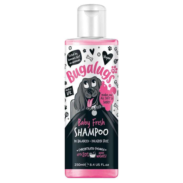 Bugalugs Baby Fresh Dog Shampoo 250ml Bottle with baby powder scent for dogs and puppies 8+ weeks old.