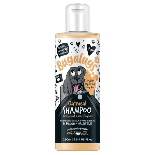 Bugalugs Oatmeal Dog Shampoo 250ml Bottle with coconut and lime fragrance, vegan formula, enriched with colloidal oatmeal and aloe vera.