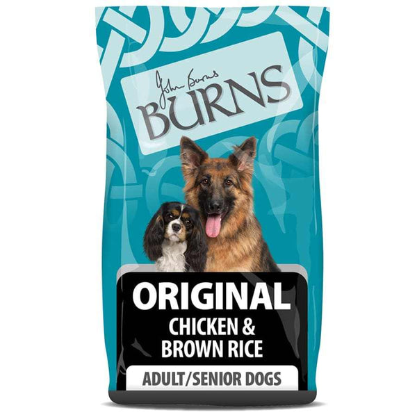 Burn's Adult Original Chicken & Brown Rice Dry Dog Food bag with image of dogs, suitable for sensitive and adult dogs.
