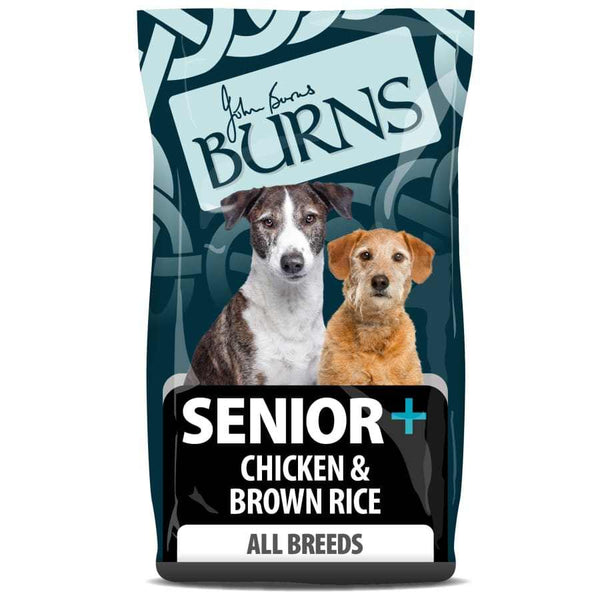 Burn's Adult-Senior+ Chicken & Brown Rice Dry Dog Food for senior dogs, joint health, low-fat formula.