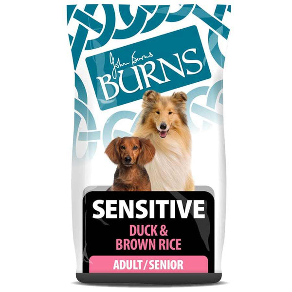 Burn's Adult - Sensitive Duck & Brown Rice Dry Dog Food packaging featuring two dogs.