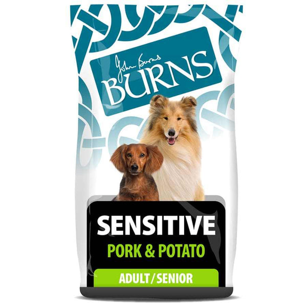 Burn's Adult Sensitive Pork & Potato Dry Dog Food for digestive and skin sensitivity.