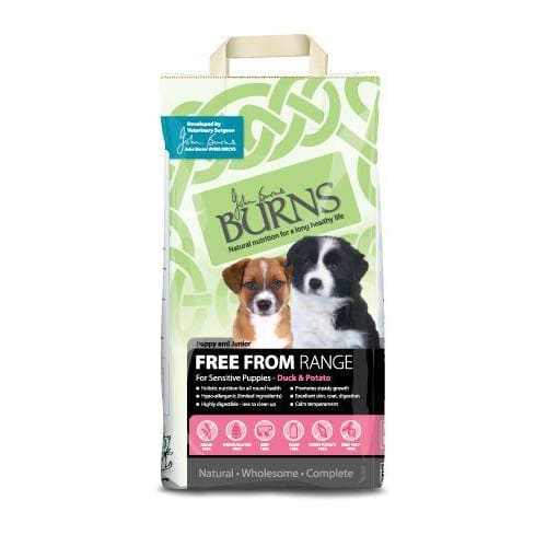 Burns Puppy & Junior Free From Range Duck & Potato Dry Dog Food packaging.