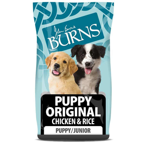 Burn's Puppy Original Chicken & Brown Rice Dry Dog Food packaging for puppies and juniors.