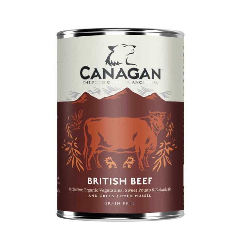 Canagan British Beef Wet Dog Food 400g can with organic vegetables and grain-free formula.