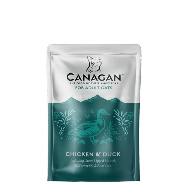 Canagan Chicken & Duck Cat Pouches 8 x 85g, grain-free wet food with chicken, duck, and minerals for adult cats.
