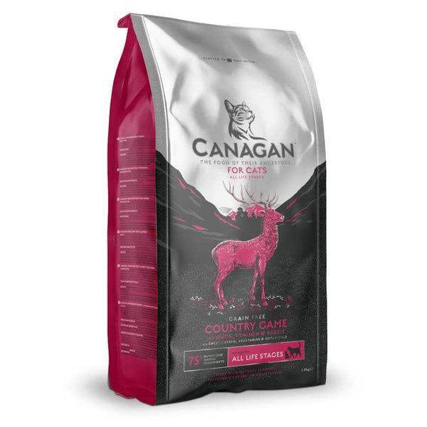 Canagan Country Game Kibble for Cats bag with 75% nutritious animal ingredients and grain-free formula.