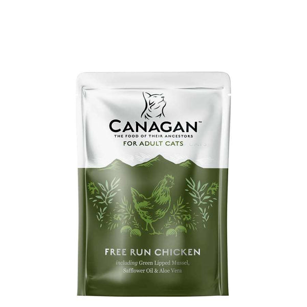 Canagan Free Run Chicken Cat Pouches 8 x 85g pack with green lipped mussel and cranberries for joint care and balanced nutrition.