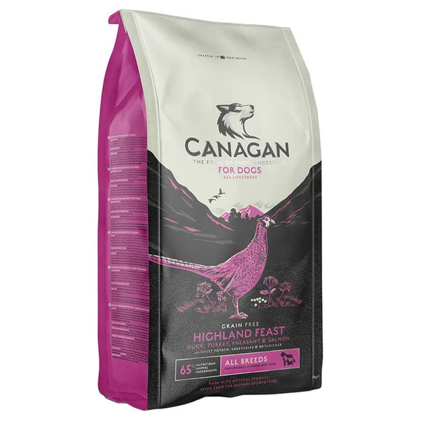 Canagan Highland Feast Dry Dog Food bag with duck, turkey, pheasant, and salmon formula for all life stages.