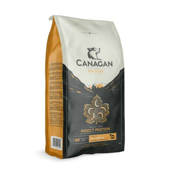 Canagan Insect Protein Grain Free Dry Dog Food packaging featuring black soldier fly larvae, suitable for all life stages.