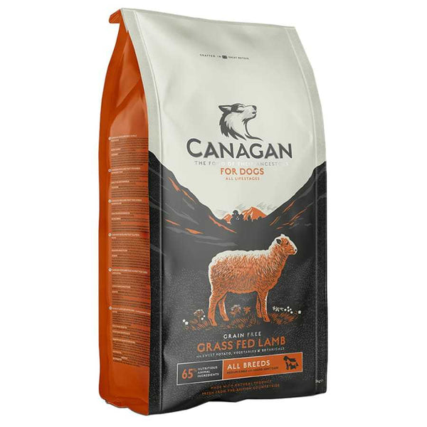 Canagan Lamb Grain Free Dry Dog Food bag featuring grass-fed lamb, suitable for all life stages.