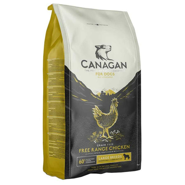 Canagan Large Breed Grain Free Range Chicken Dry Dog Food packaging for large dogs.