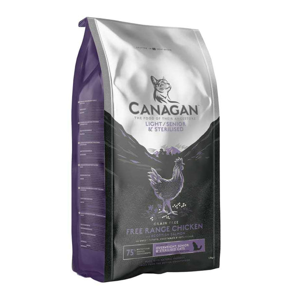 Canagan Light-Senior Kibble for Cats - Grain-free, free-range chicken formula for overweight, senior, and sterilized cats.