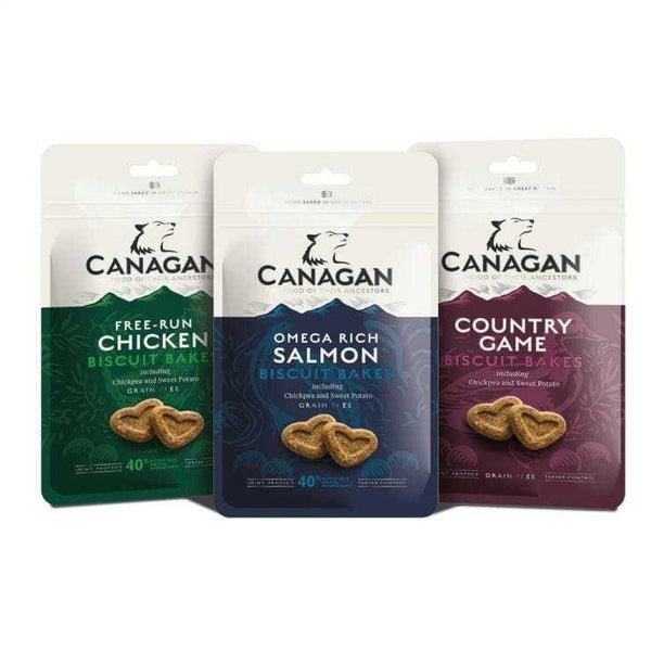 Canagan Mixed Dog Biscuit Bake Treats in Free-Run Chicken, Salmon, and Game flavors, 3-pack.