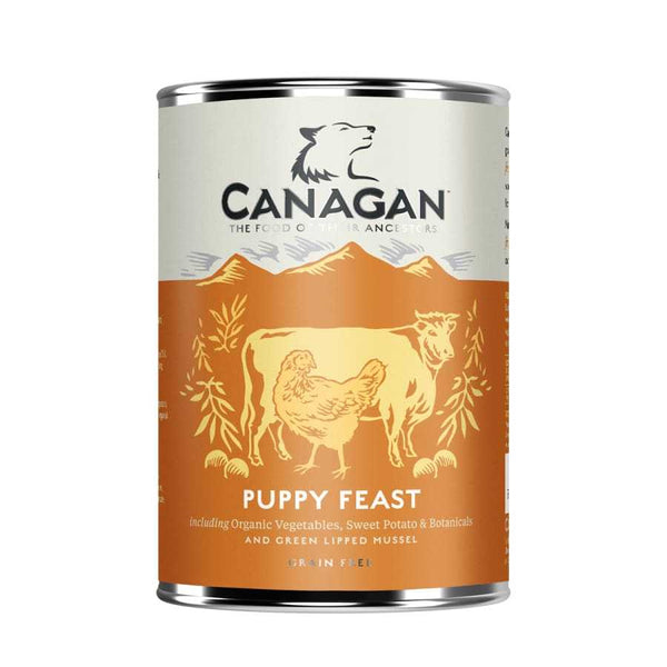 Canagan Puppy Feast Wet Dog Food 400g can with organic vegetables and fresh meat.
