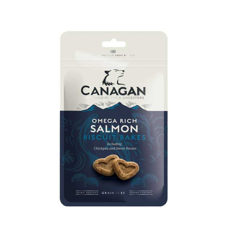 Canagan Salmon Dog Biscuit Bakes Treats 150g Bag, grain-free snacks with omega-rich salmon, chickpea, and sweet potato.