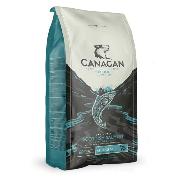 Canagan Scottish Salmon Grain Free Dry Dog Food with Herring and Trout packaging.