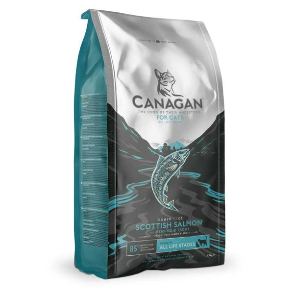 Canagan Scottish Salmon Kibble Cat Food packaging featuring high-quality ingredients for cats.