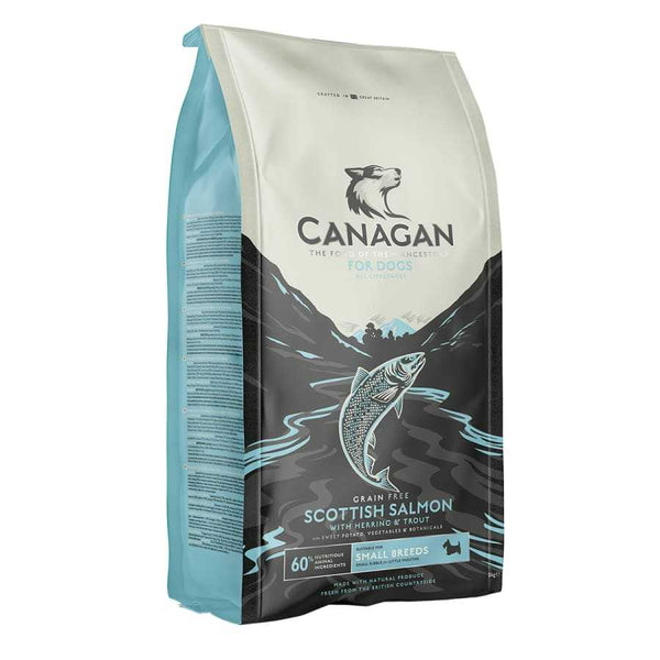 Canagan Small Breed Grain Free Scottish Salmon Dry Dog Food package with herring and trout.