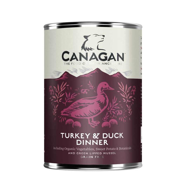 Canagan Turkey & Duck Wet Dog Food 400g can with organic ingredients, grain-free formula for adult dogs.