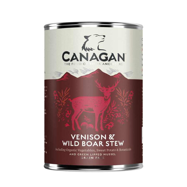 Canagan Venison & Wild Boar Wet Dog Food 400g can, grain-free recipe with natural ingredients, including venison and wild boar.
