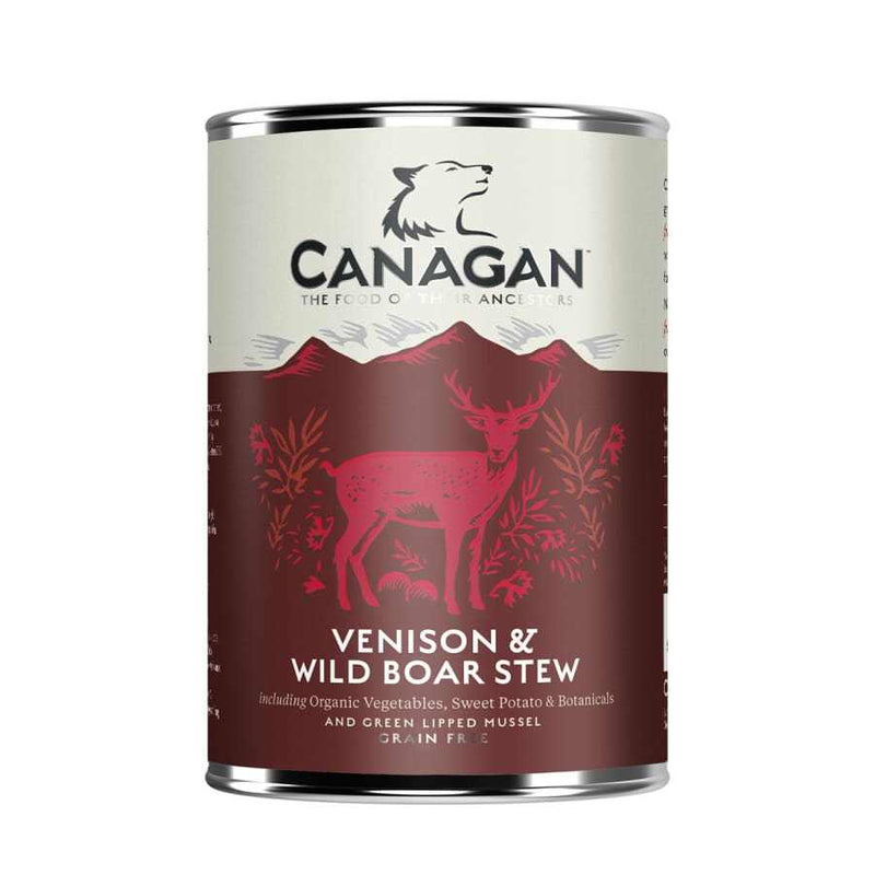 Canagan Venison & Wild Boar Wet Dog Food 400g can, grain-free recipe with natural ingredients, including venison and wild boar.