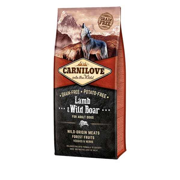Carnilove Lamb & Wild Boar Dog Food packaging with grain-free label.