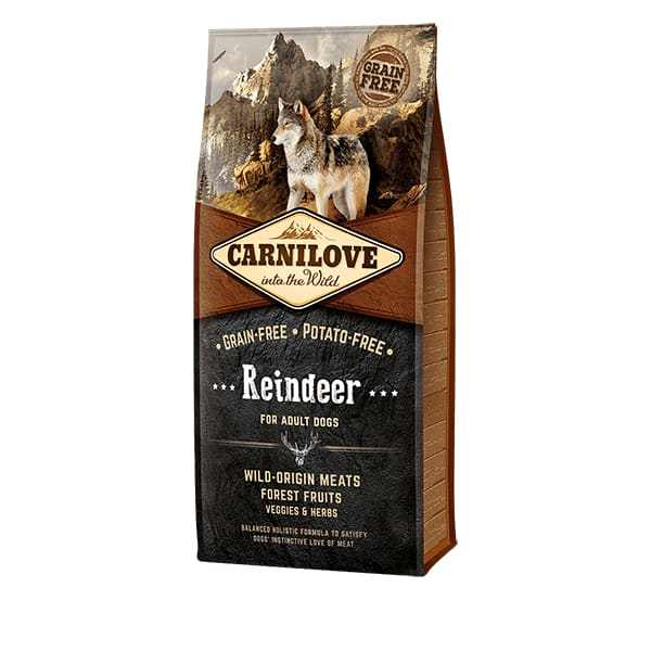Carnilove Reindeer 1.5kg dry dog food packaging with grain-free label.