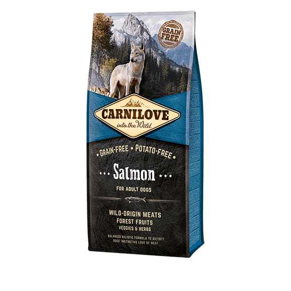 Carnilove Salmon Dry Dog Food, 12+2kg grain-free and potato-free formula for adult dogs.