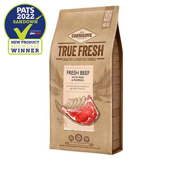 Carnilove True Fresh Beef Dry Dog Food, grain-free, fresh beef formula, adult dogs, digestive health support.