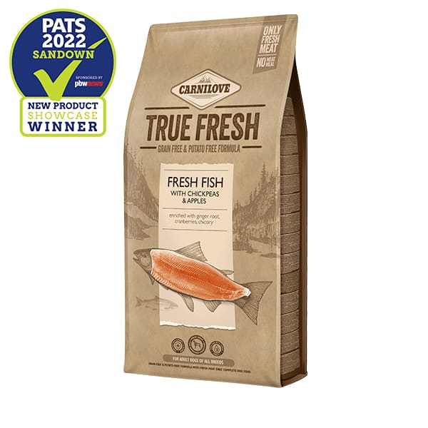 Carnilove True Fresh Fish 4kg Dry Dog Food packaging with PATS 2022 winner badge.