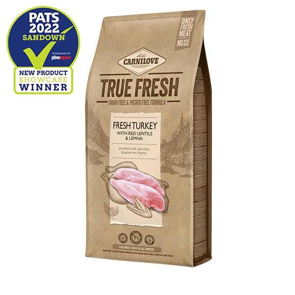 Carnilove True Fresh Turkey 1.4kg Dry Dog Food package with PATS 2022 award badge.