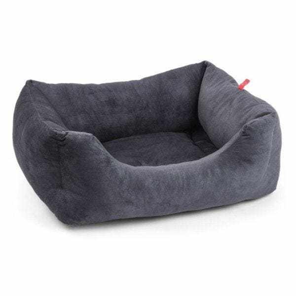 Charcoal Grey Velour Square Dog Bed with high sides and non-slip base