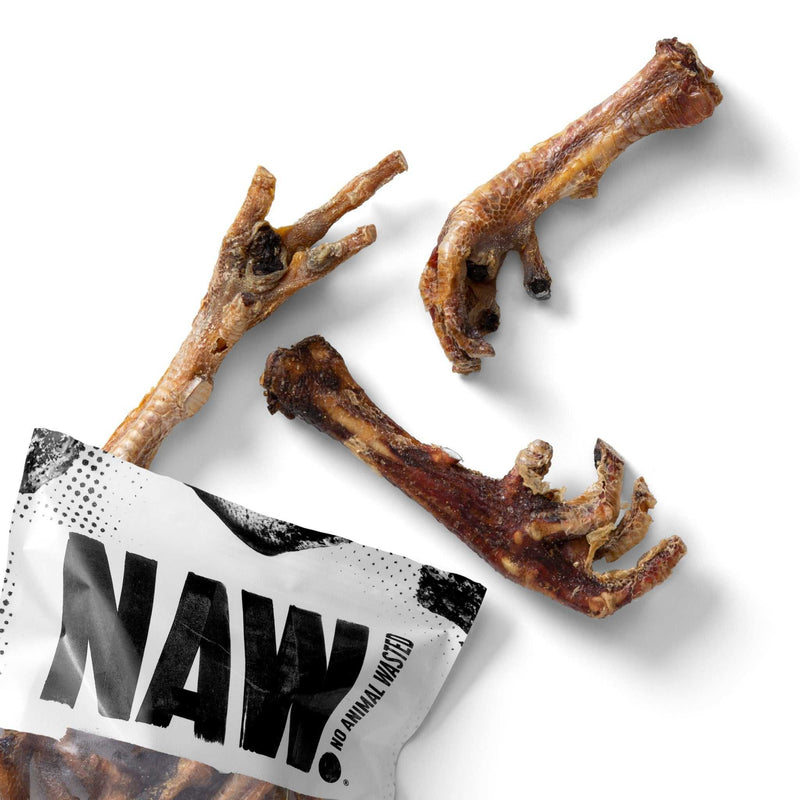 Chicken Feet Natural Dog Treats in a 250g resealable bag, 100% chicken, gluten-free, promotes dental health for dogs.