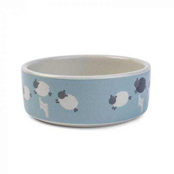 Counting Sheep Ceramic Dog Bowl with sheep design, available in 3 sizes, stoneware, easy to clean.